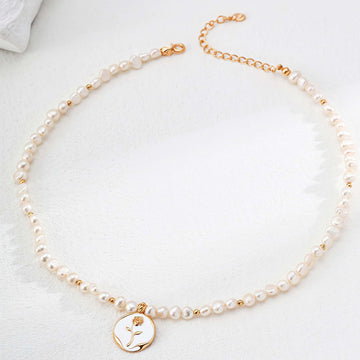 Minimalist Pearl Rose Pendant Necklace - Sterling Silver with Enamel and Natural Pearls