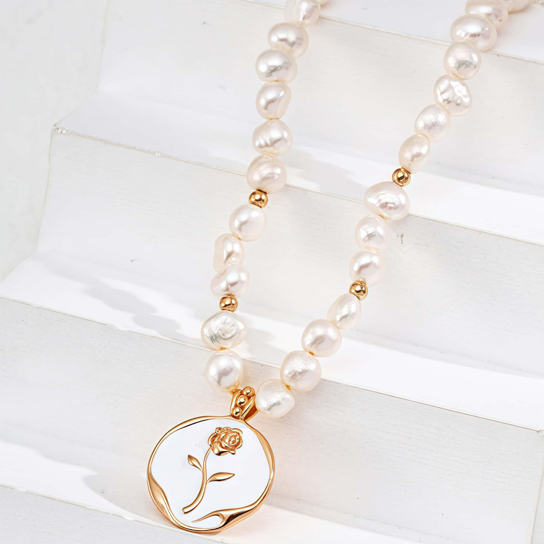 Minimalist Pearl Rose Pendant Necklace - Sterling Silver with Enamel and Natural Pearls