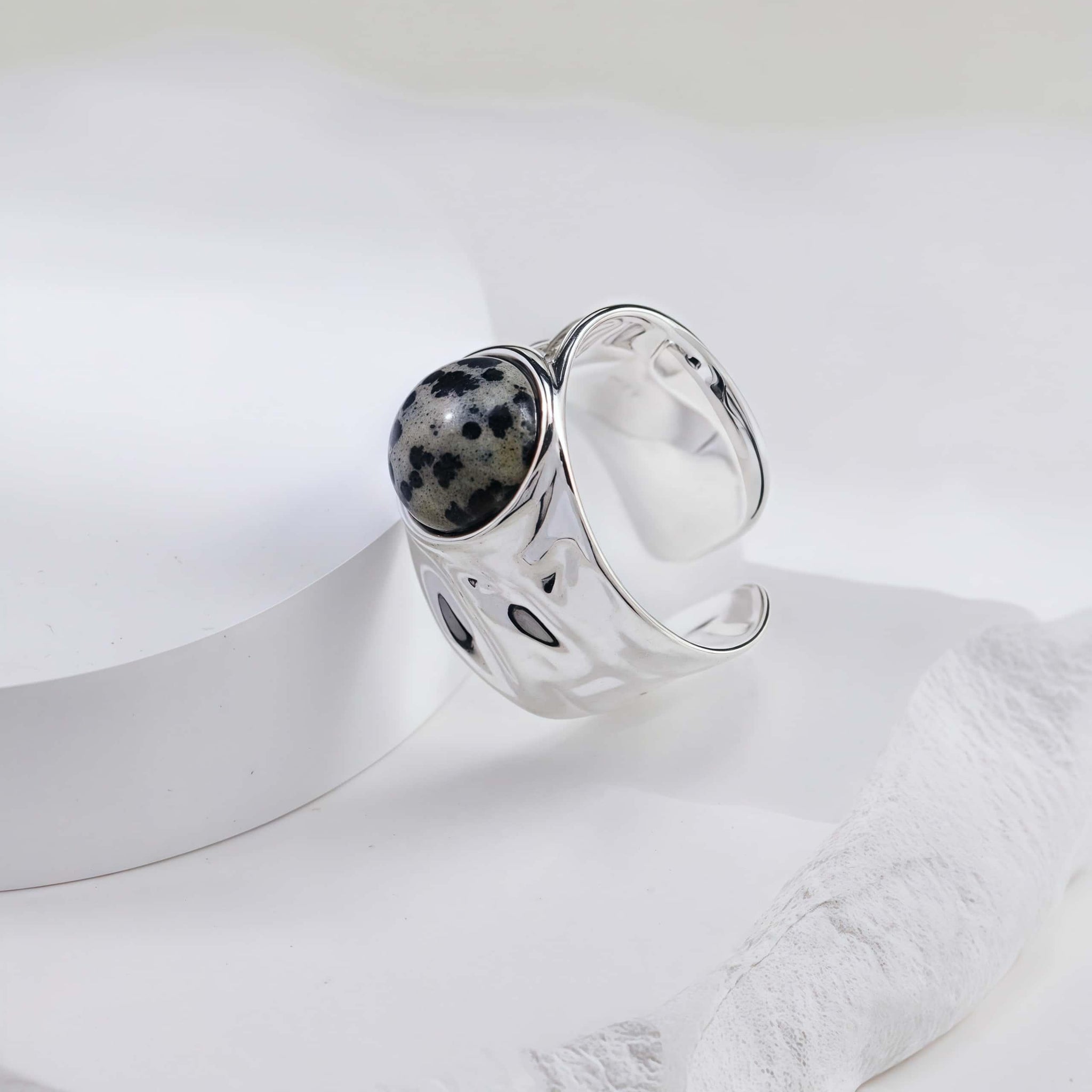 Sterling Silver Open Ring with White Crystal & Dotted Stone - Adjustable & Elegant