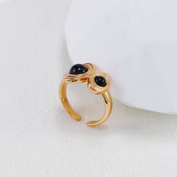 Vintage Gold Black Onyx Ring - Sterling Silver, Adjustable