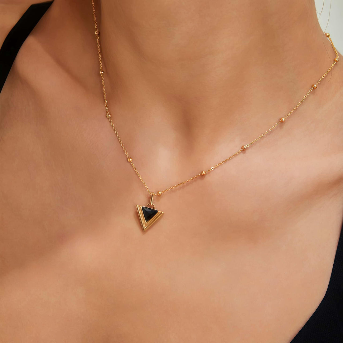 Triangle Black Onyx Necklace – Sterling Silver & Vintage Gold, Adjustable