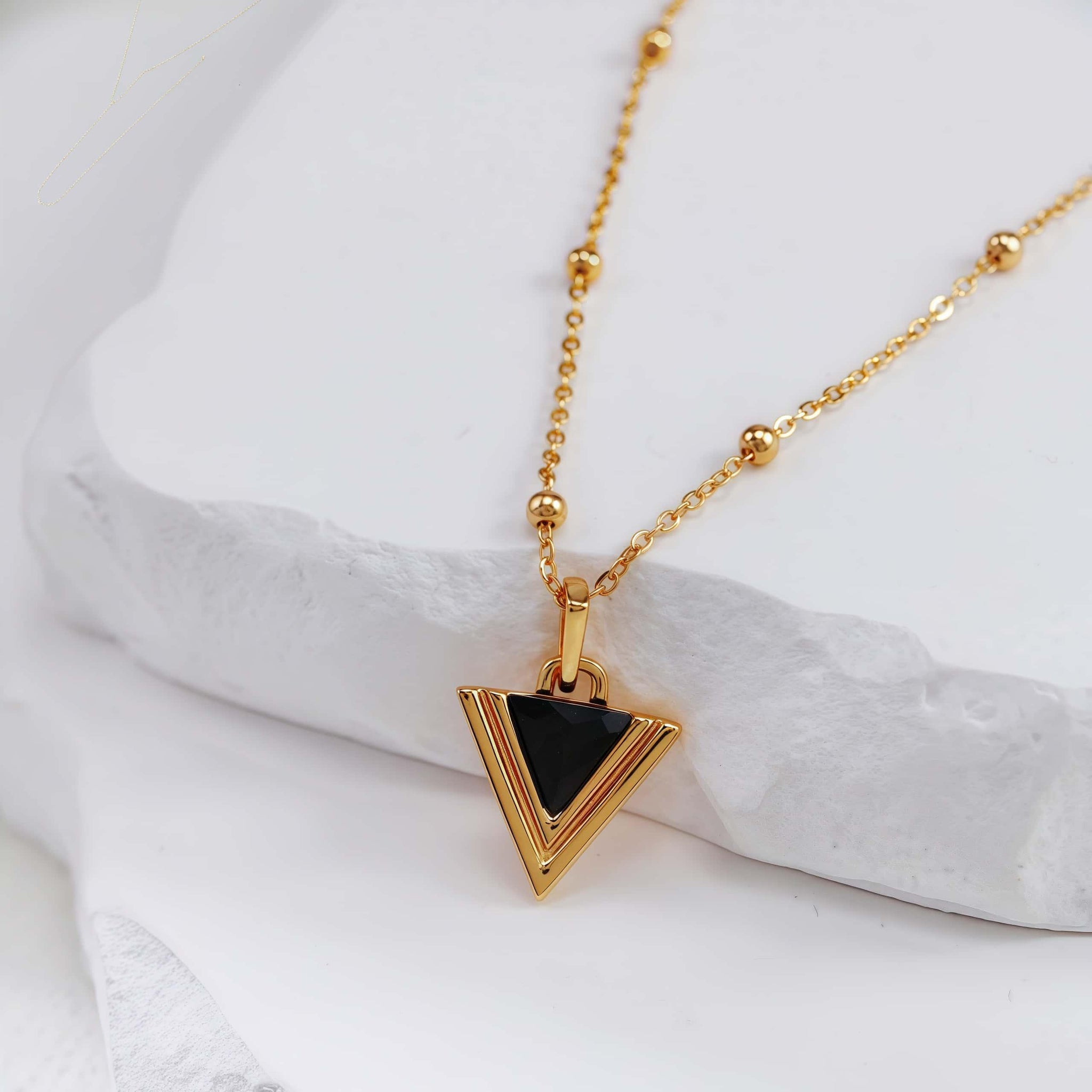 Triangle Black Onyx Necklace – Sterling Silver & Vintage Gold, Adjustable