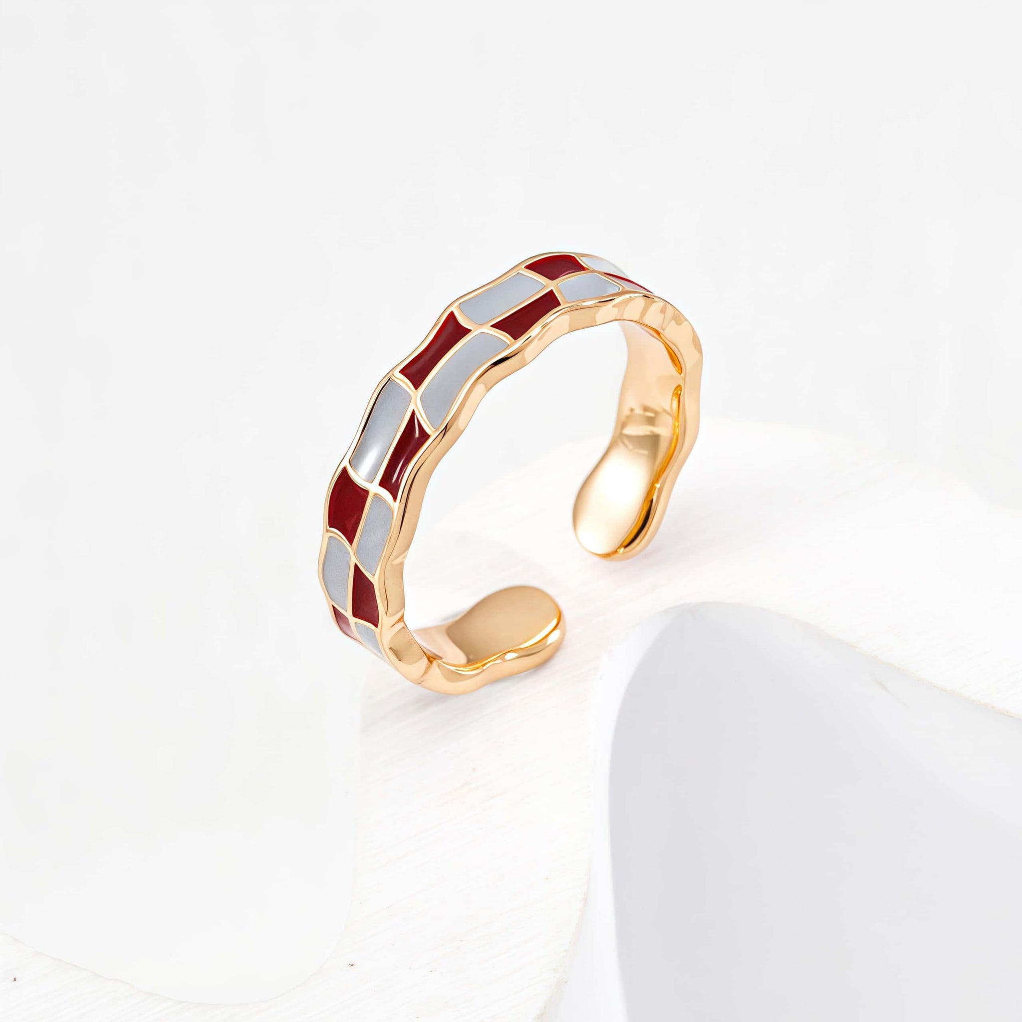 Vintage Gold Sterling Silver Enamel Ring – Red & Blue Design