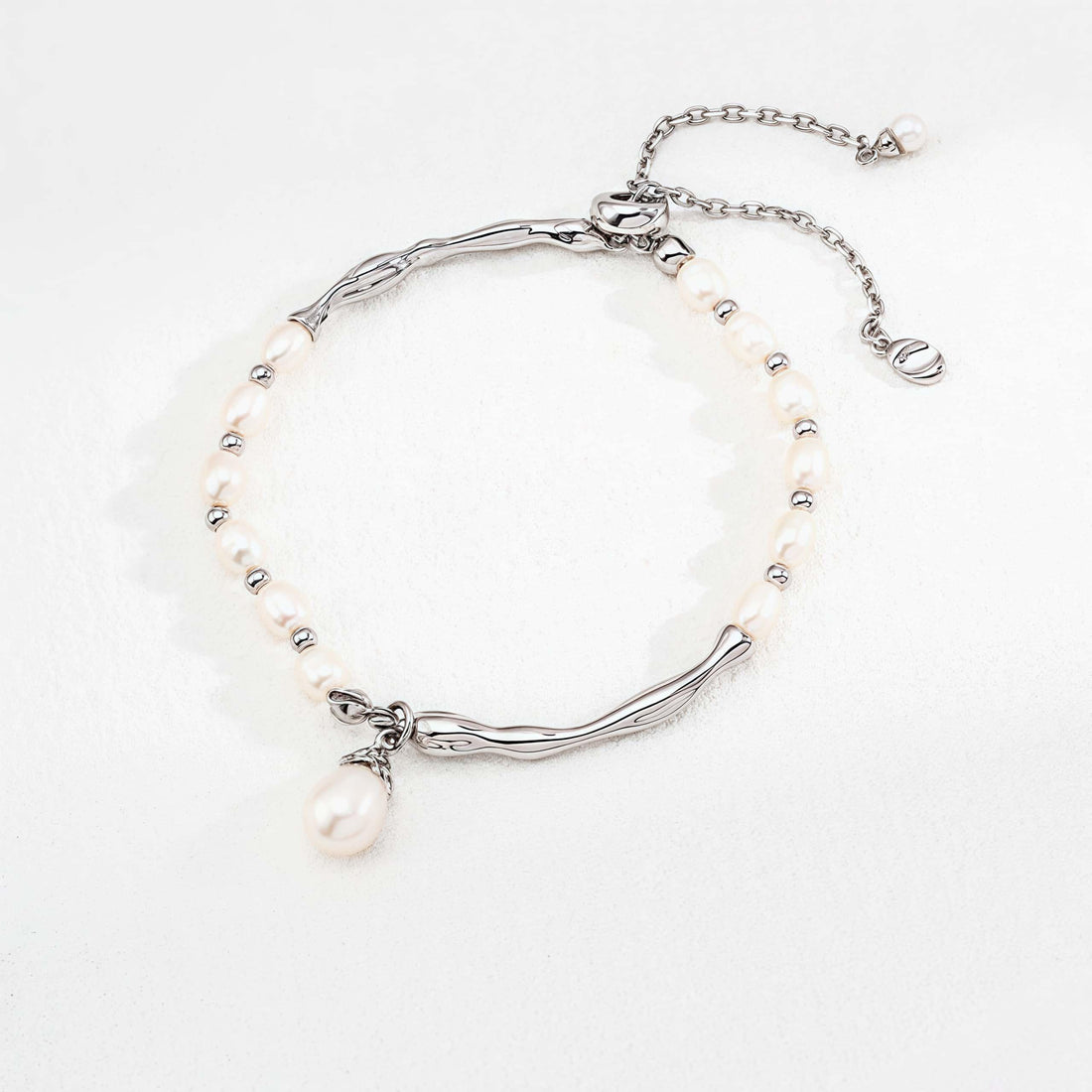 Adjustable Sterling Silver Bracelet - Natural Freshwater Pearls, Lava Flow Design